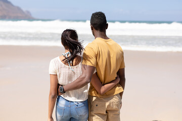 Rear view of african american couple embracing on a beach looking at the sea