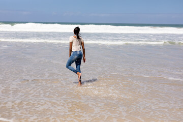 Fototapeta na wymiar African american woman walking on a beach by the sea