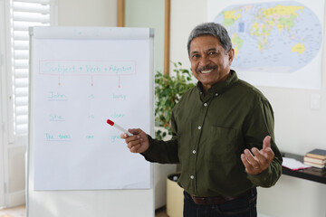 Mixed race male english teacher standing at a whiteboard giving an online lesson to camera