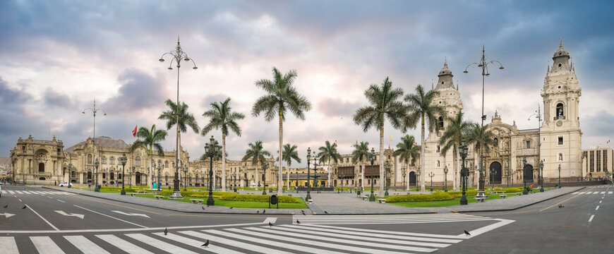 Lima, Peru: the Main square of Lima, with government palace and the cathedral church.