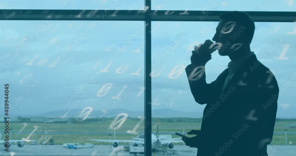 Poster animation of binary coding numbers changing over man in airport drinking coffee