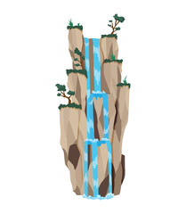 Cartoon river cascade waterfall. Landscape with mountains and trees. Design element for travel brochure or illustration mobile game. Fresh natural water © designer_things