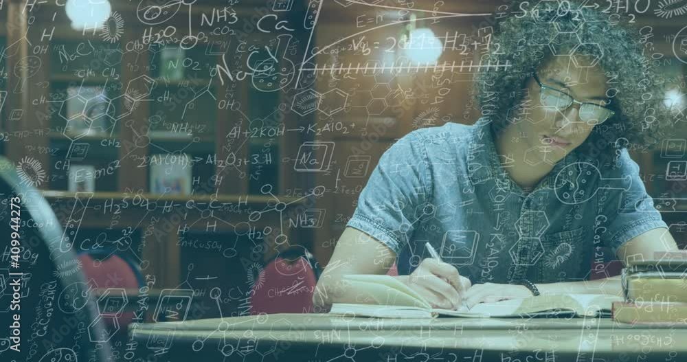 Aufkleber digital composition of chemical structures floating against college student writing notes in library