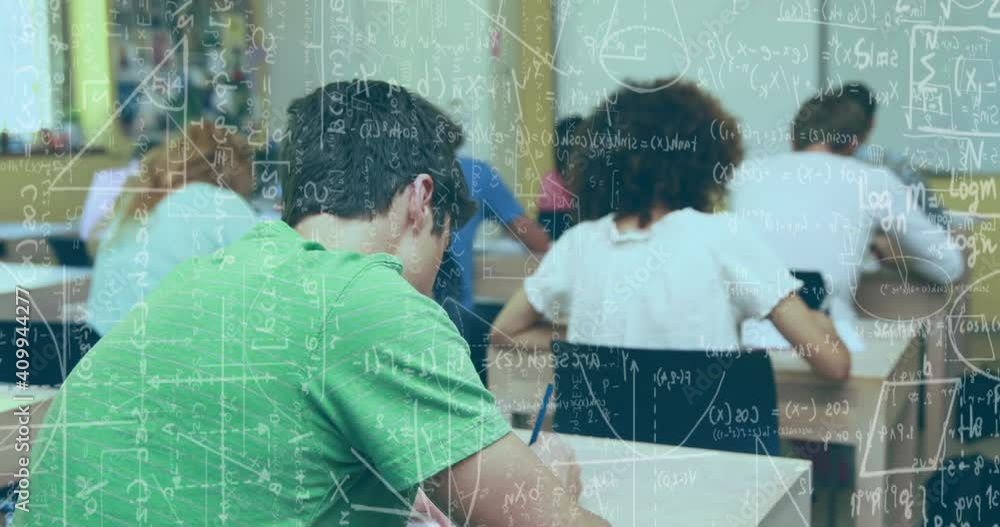Aufkleber digital composition of mathematical equations floating against group of college students studying in