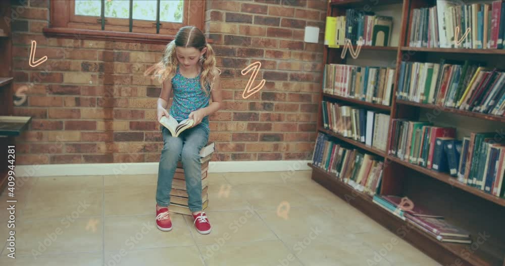 Poster digital composition of multiple alphabets floating against girl reading a book sitting of stack of b
