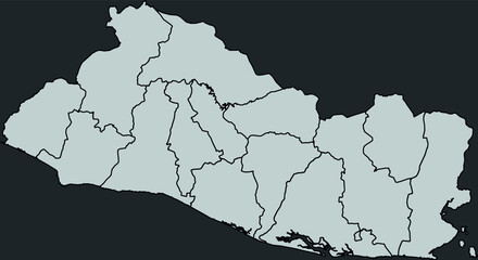 Contour vector map of El salvador with the designation of the administrative borders of the regions on a dark background.