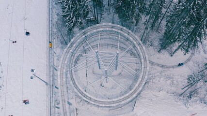 Speed Fun rodelbahn in the forested area in mountains. ski resort on winter daytime Background of spruce forest in snow. Concept of active, extreme winter recreation in mountains.Top Shot. 4K 