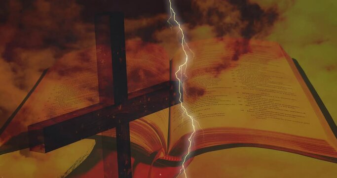Digital composition of thunder effect over cross and bible against sky