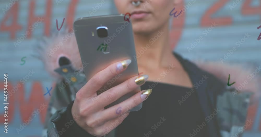 Aufkleber digital composition of multiple alphabets floating against woman using smartphone