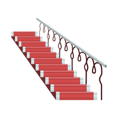 Staircase luxurious wooden covered red carpet with metal handrails. Isolated cartoon flat vector icon of stairs. Element for hotel lobby
