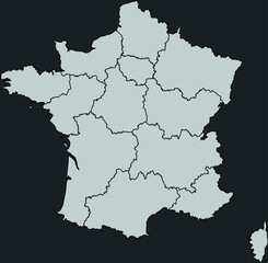 Contour vector map of France with the designation of the administrative borders of the regions on a dark background.
