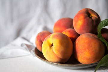 Peaches with leaves Still life on color green plate on table with white tablecloth. Ripe juicy peaches Still life. Harvest of peaches for food. Fresh organic fruit.