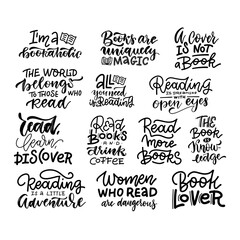 Love reading book lettering phrases set. Collection of hand drawn quotes about reading for teenagers. Vector hand drawn illustartion.