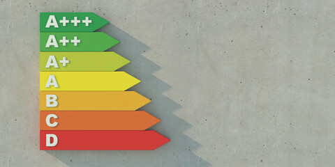 Energy efficiency class rating chart on concrete wall background. 3d illustration - obrazy, fototapety, plakaty