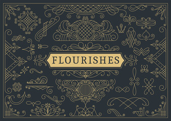 Flourishes calligraphic vintage ornamental background. Golden ornate page with swirls and vignettes elements. Frame design template. Vector luxury invitation