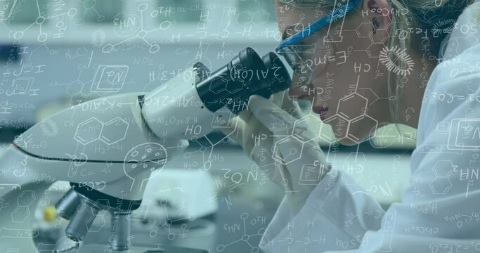 Animation of mathematical and scientific formulae over female scientist using microscope