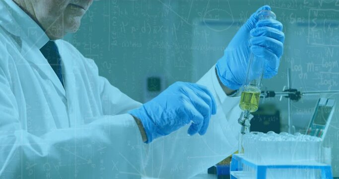 Animation of mathematical and scientific formulae over male scientist using test tubes in laboratory