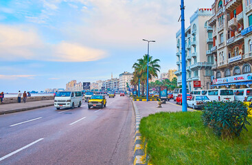 The seaside promenade and traffic, on Dec 18, 2017 in Alexandria, Egypt