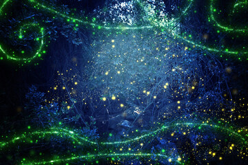 Abstract and magical image of Firefly flying in the night forest. Fairy tale concept