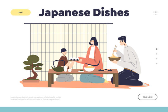Japanese dishes concept of landing page with ethnic family having dinner with asian food together