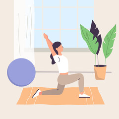 Female doing sports at home with plant. Flat design illustration. Vector
