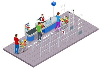 Isometric series of cash registers, cash desk, in a large supermarket. People with shopping carts and baskets waiting in line at the cash register