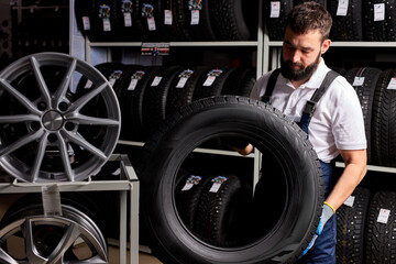owner garage shop holding best tire in a supermarket mall, measuring rubber car wheel. at work place