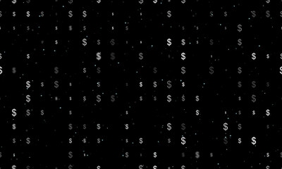 Seamless background pattern of evenly spaced white dollar symbols of different sizes and opacity. Vector illustration on black background with stars