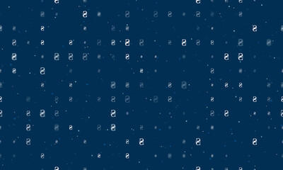 Seamless background pattern of evenly spaced white hryvnia symbols of different sizes and opacity. Vector illustration on dark blue background with stars