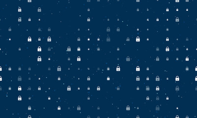 Seamless background pattern of evenly spaced white padlock symbols of different sizes and opacity. Vector illustration on dark blue background with stars