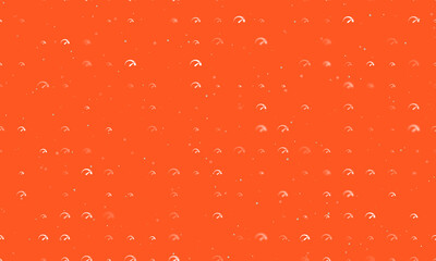 Seamless background pattern of evenly spaced white tachometer symbols of different sizes and opacity. Vector illustration on deep orange background with stars
