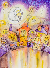 Cats town at night. Children illustration. Picture created with watercolors.