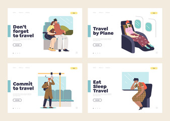 Travel and transportation concept of set of landing pages with passengers in plane, train and subway