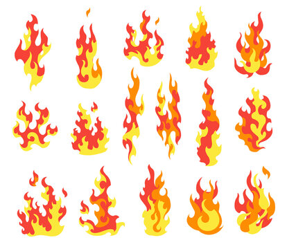 Set fire flames. Cartoon collection of abstract stylized fires. Flaming illustration. Comic dangerous flame fires isolated . Hot painting
