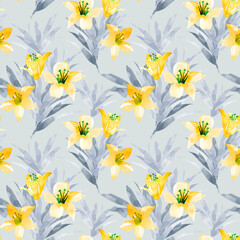 Yellow lily flowers seamless pattern. Hand drawn style watercolour. Spring trendy colours. Floral background on grey