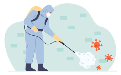 Man in costume and disinfection from coronavirus. Flat design illustration. Vector