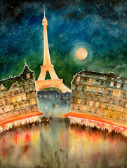 Romantic evening in Paris, France, Street with Cafe and Eiffel Tower view. Watercolors illustration.