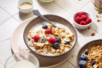 A bowl of granola with nuts and oats served with berries and milk
