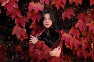 Serious young brunette in warm knitted sweater standing on a wall with red maple foliage in autumn day and looking at camera