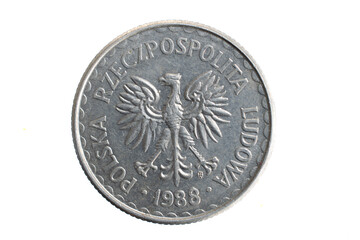 Polish 1 zloty coin from the PRL period on a white background