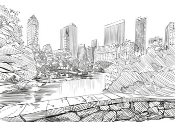Central park. New York. USA. Hand drawn city sketch. Vector illustration. - obrazy, fototapety, plakaty