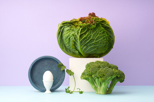 Still life with savoy cabbage, broccoli and coriander
