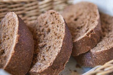 Health wholegrain brown bread. Cafe menu. Fitness gluten free dinner. Organic diet. Vegan product. Fast eat. Breakfast slice snack close up. Traditional natural wheat bakery