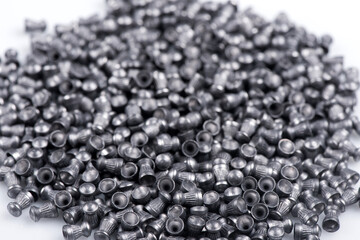 Air rifle lead pellets, ammo with metal container, box packaging isolated on white background