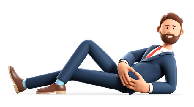 3D illustration of happy bearded man lying on the floor. Cute cartoon businessman in full length smiling for the camera, isolated on white.