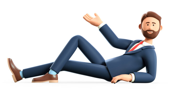 3D illustration of happy bearded man lying on the floor. Cute cartoon smiling businessman in full length pointing hand, isolated on white.