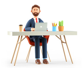 3D illustration of happy cute man working at the desk in modern office. Cartoon smiling bearded businessman or freelancer using laptop, isolated on white. Workplace concept.
