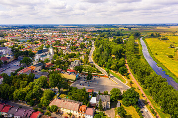 Landscape of the old town from the air with the visible. View on historic buildings on the market. Lowicz, Poland Aerial