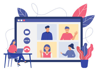 Online video conference with group. Flat design illustration. Vector