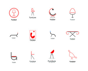 12 abstract furniture logo with simple line art.modern template,for graphic design and corporate icon.chairs,lamp,table